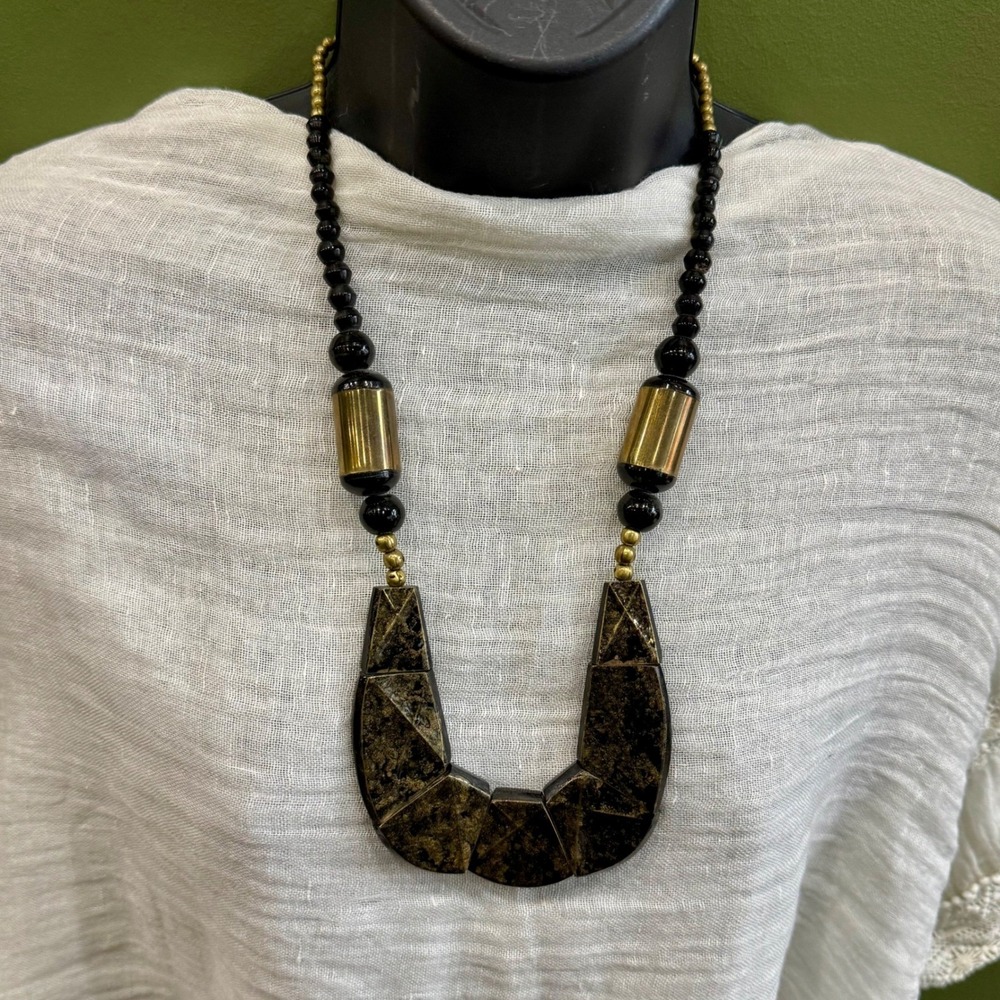 Boho Statement Necklace Black Gold Faceted Stone‎ Tribal Artisan Bib